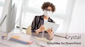  Presentation with medical business - PPT theme enhanced with serious-business-woman-in-medical background and a soft green colored foreground