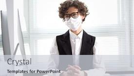  Presentation with medical business - Colorful PPT layouts enhanced with serious-business-woman-in-medical backdrop and a light gray colored foreground