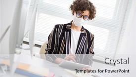  Presentation with medical business - PPT theme featuring serious-business-woman-in-medical background and a white colored foreground