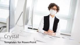  Presentation with medical business - Presentation design having serious-business-woman-in-medical background and a light gray colored foreground