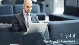  Presentation with airport lounge - Colorful PPT theme enhanced with serious businessman browsing in the net while waiting for departure in airport lounge backdrop and a ocean colored foreground
