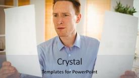  Presentation with two people holding hands - Slide set enhanced with serious businessman holding two paper sheets in his office background and a light blue colored foreground