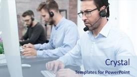  Presentation with women and protection desk - Cool new slide set with serious businessman in a headset backdrop and a light blue colored foreground