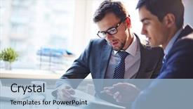  Presentation with listening - Colorful presentation theme enhanced with ejecutivo - serious businessman listening to his backdrop and a light blue colored foreground