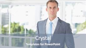  Presentation with camera - Colorful slide set enhanced with serious businessman looking at camera in the office backdrop and a seafoam green colored foreground