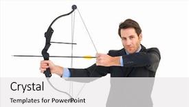  Presentation with archery - Slides enhanced with serious businessman practicing archery looking at camera on white background background and a white colored foreground