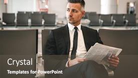 Presentation with terminal - Beautiful PPT theme featuring serious businessman reading newspaper while sitting at the airport terminal lobby backdrop and a gray colored foreground