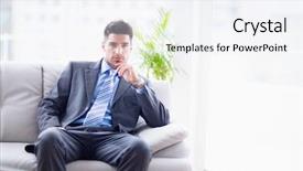  Presentation with camera - Presentation design featuring serious businessman sitting on the sofa looking at camera in the office background and a sky blue colored foreground