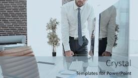  Presentation with desktop - Cool new PPT layouts with serious businessman standing near the desktop backdrop and a light blue colored foreground