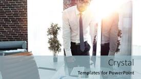  Presentation with desktop - Beautiful PPT layouts featuring serious businessman standing near the desktop backdrop and a light blue colored foreground