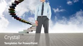  Presentation with steps - Presentation theme featuring serious businessman standing with hand in pocket against book steps against sky background and a gray colored foreground
