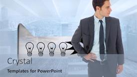  Presentation with hip - Beautiful PPT layouts featuring serious businessman standing with hand on hip against city scene in a room backdrop and a light blue colored foreground