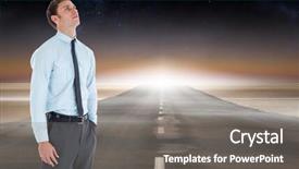  Presentation with horizon - Slides having serious businessman standing with hand in pocket against road leading out to the horizon background and a gray colored foreground