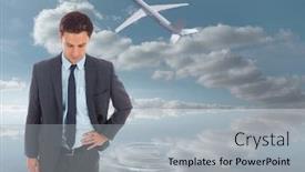  Presentation with hip - Cool new PPT theme with serious businessman standing with hand on hip against peaceful water and sky backdrop and a light gray colored foreground
