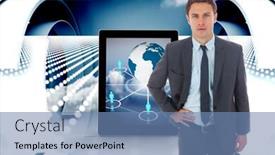  Presentation with abstract blue white - PPT theme consisting of serious businessman standing with hand on hip against abstract design in blue and white background and a teal colored foreground