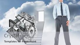 Presentation with open door - Cool new slide set with serious businessman standing with hand in pocket against open door at top of stairs in the sky backdrop and a light gray colored foreground