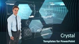  Presentation with hexagons - PPT theme featuring serious businessman standing with hands in pockets against shiny hexagons on black background background and a ocean colored foreground