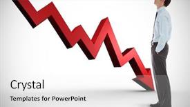  Presentation with hands down - Amazing presentation design having serious businessman standing with hands in pockets against red arrow pointing down backdrop and a white colored foreground