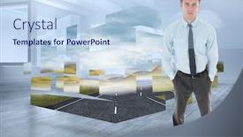  Presentation with holographic - Presentation design featuring serious businessman standing with hands in pockets against room with holographic cloud background and a sky blue colored foreground