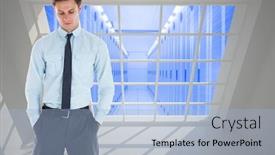  Presentation with server - Colorful presentation theme enhanced with serious businessman standing with hands in pockets against server hallway seen through window backdrop and a light blue colored foreground