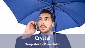  Presentation with under umbrella - Audience pleasing presentation consisting of serious businessman under umbrella phoning on white background backdrop and a ocean colored foreground