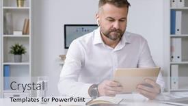  Presentation with video training - PPT theme featuring serious-businessman-with-airpods-looking background and a light gray colored foreground