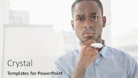  Presentation with marker - Theme having serious businessman with hand on chin holding marker in the office background and a light gray colored foreground