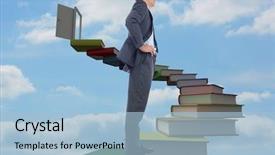  Presentation with steps - Amazing PPT theme having serious businessman with hands on hips against book steps leading to door against sky backdrop and a light blue colored foreground