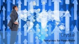  Presentation with upwards - Audience pleasing PPT theme consisting of serious businessman with hands on hips against futuristic arrow pointing upwards backdrop and a light blue colored foreground