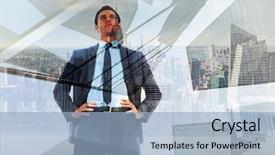  Presentation with skyscraper - Presentation with serious businessman with hands on hips against skyscraper background and a light blue colored foreground