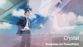  Presentation with skyscraper - Presentation theme consisting of serious businessman with hands on hips against skyscraper background and a gray colored foreground
