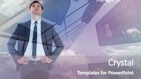  Presentation with skyscraper - Presentation theme consisting of serious businessman with hands on hips against skyscraper background and a gray colored foreground