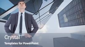  Presentation with skyscraper - PPT theme featuring serious businessman with hands on hips against skyscraper background and a gray colored foreground