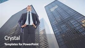  Presentation with skyscraper - Presentation consisting of serious businessman with hands on hips against skyscraper background and a dark gray colored foreground