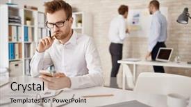  Presentation with sms - Amazing presentation design having serious businessman writing or reading sms in working environment backdrop and a light gray colored foreground
