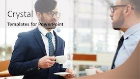  Presentation with coffee talk - Audience pleasing PPT layouts consisting of serious-businessmen-having-talk backdrop and a light gray colored foreground