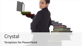  Presentation with open door - PPT layouts enhanced with serious businesswoman against steps made out of books with open door background and a white colored foreground