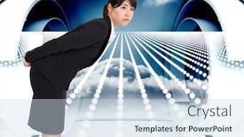  Presentation with abstract blue white - Colorful PPT theme enhanced with serious businesswoman bending against abstract design in blue and white backdrop and a sky blue colored foreground