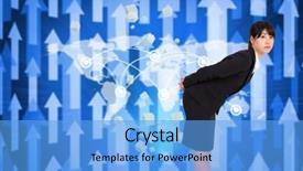  Presentation with upwards - Presentation theme featuring serious businesswoman bending against futuristic arrow pointing upwards background and a light blue colored foreground