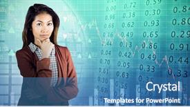  Presentation with shares - Cool new presentation theme with serious businesswoman holding her chin against stocks and shares backdrop and a teal colored foreground