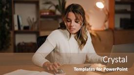  Presentation with interpreter - Theme enhanced with serious-businesswoman-in-earphones-watching background and a coral colored foreground