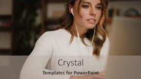  Presentation with interpreter - Colorful theme enhanced with serious-businesswoman-in-earphones-watching backdrop and a mint green colored foreground