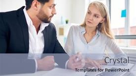  Presentation with discussion - Audience pleasing PPT theme consisting of serious businesswoman listening to her colleague during discussion of new online business trends backdrop and a light blue colored foreground