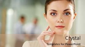  Presentation with calm - Colorful slide deck enhanced with serious-businesswoman-looking-at-camera backdrop and a coral colored foreground