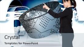  Presentation with structure design - Colorful slide set enhanced with serious businesswoman pointing against white lines with cloud design on a futuristic structure backdrop and a light blue colored foreground