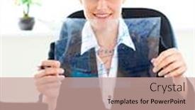  Presentation with desk - Audience pleasing slides consisting of serious-businesswoman-preparing-a-presentation backdrop and a coral colored foreground