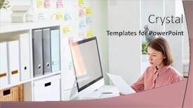  Presentation with reading table - Presentation theme consisting of serious businesswoman reading a document in front of computer monitor at office table background and a lemonade colored foreground