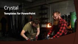  Presentation with employees - Cool new presentation design with serious busy brutal employees in aprons working with metal and shaping it with grinder at table in workshop backdrop and a wine colored foreground
