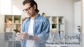  Presentation with busy - Slides featuring serious-busy-young-brunette-man background and a light blue colored foreground