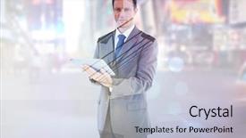  Presentation with skyscraper - Slide deck with serious charismatic businessman holding a tablet computer against skyscraper background and a light blue colored foreground
